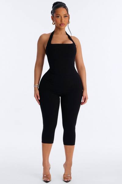 Amara Snatched Capri Halter Jumpsuit - Black