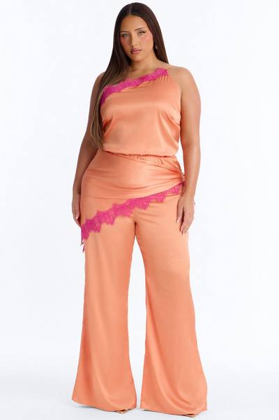 Valeria Satin Waist Scarf Wide Leg Jumpsuit - Orange