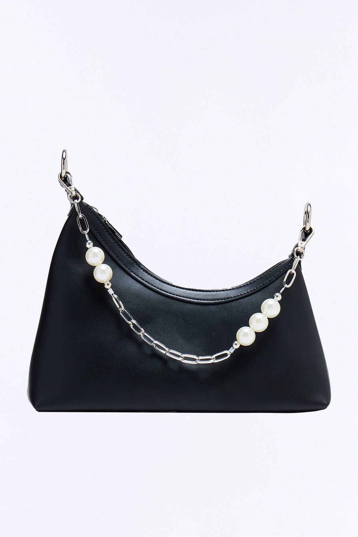 Pearls And Chains Faux Leather Shoulder Handbag - Black