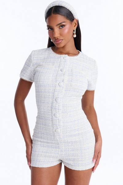 Colette Tweed Headband and Romper - Blue