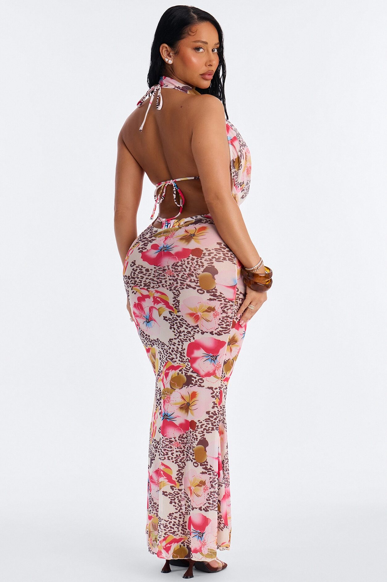 Gigi 3 Piece Floral Triangle Bikini & Mesh Cover Up Cowl Neck Maxi Dress Sunsuit - Multi Color