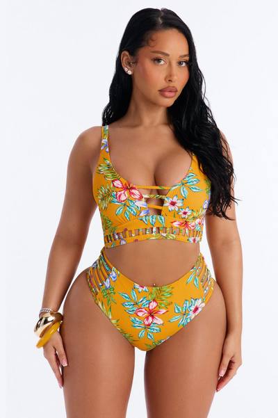 Tropical Escape 2 Piece Floral Bralette Strappy High Waist Bikini Set - Yellow/combo