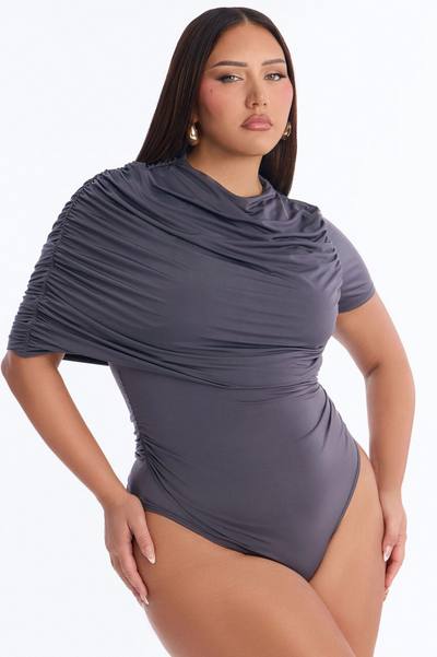 Paige Ruched Mock Neck Short Sleeve Bodysuit - Charcoal