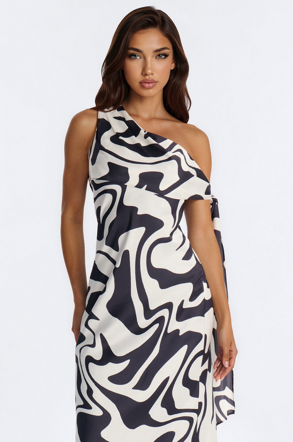Berlin Printed Satin Off Shoulder Maxi Dress - White/Black