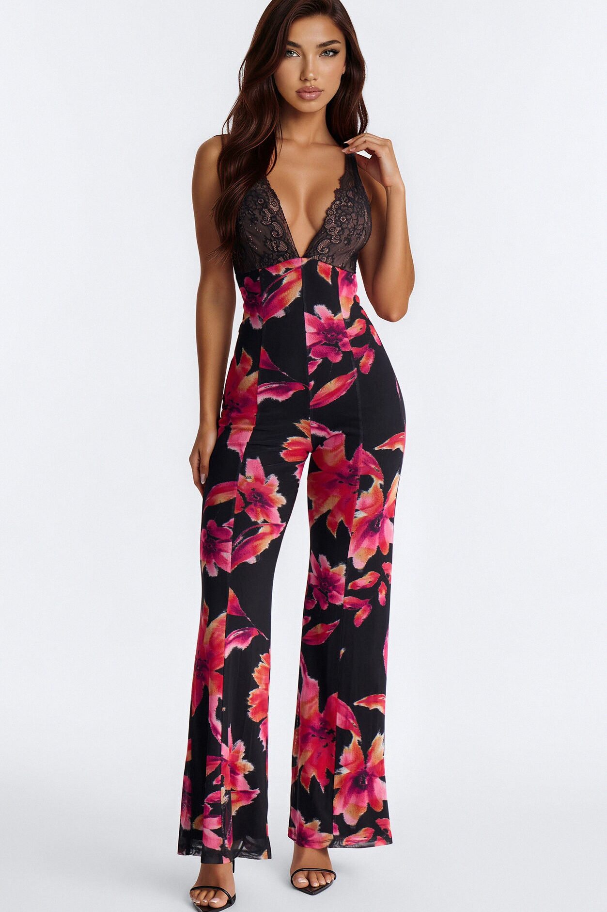 Dark Bloom Lace Floral Mesh Jumpsuit - Black/combo