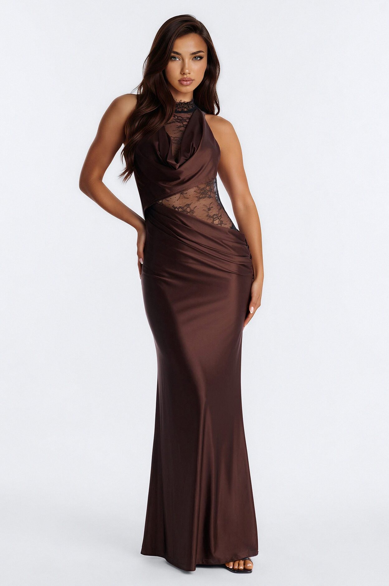 A Night Off Satin Lace Gown - Chocolate