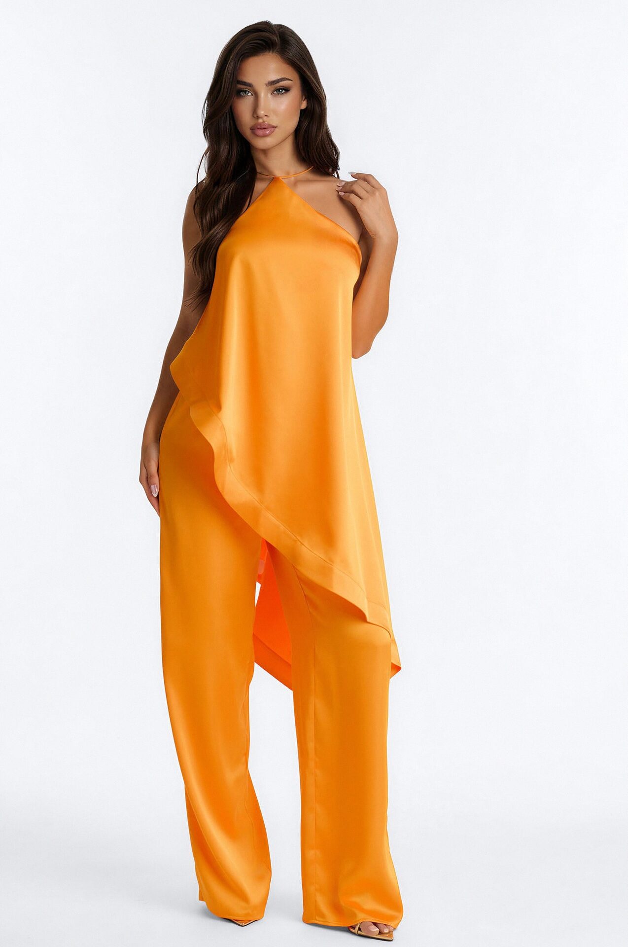 Veena Satin Asymmetrical Jumpsuit - Orange