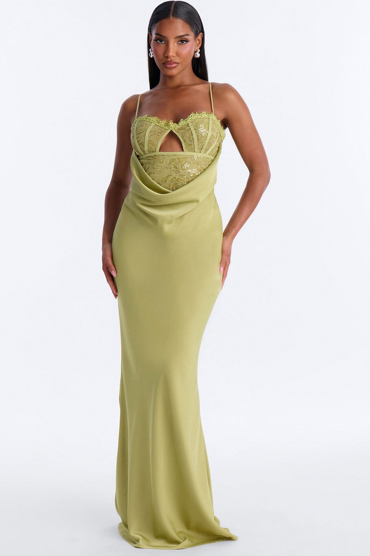 Pure Confidence Lace Satin Maxi Dress - Sage