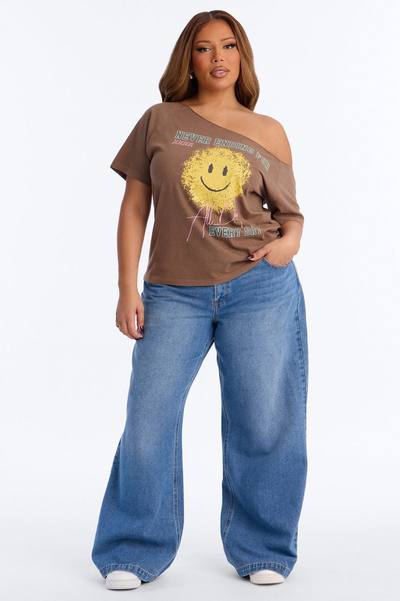 Smiley Face Off Shoulder Tee - Brown