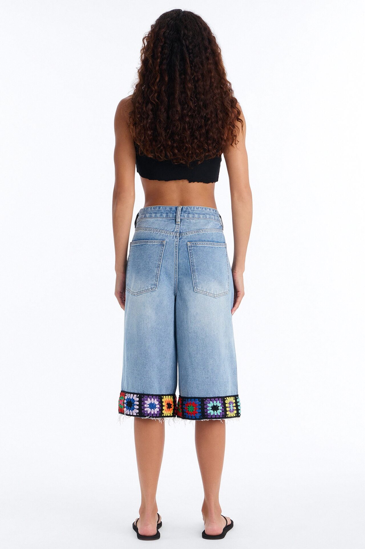 Granny Squares Crotchet Trim Ripped Denim Culottes - Medium Wash