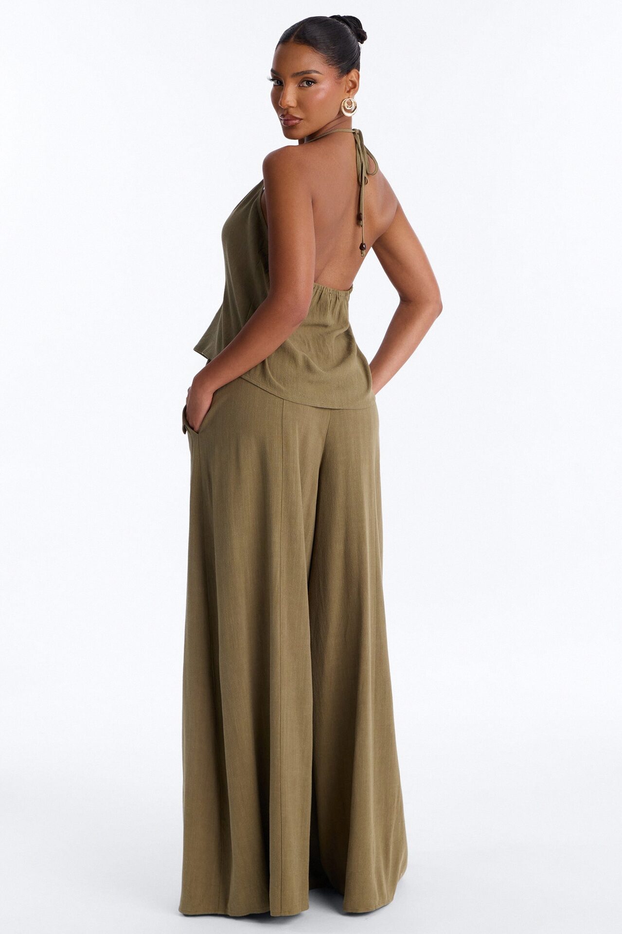 Bianca Linen Tie Halter Pant Set - Olive