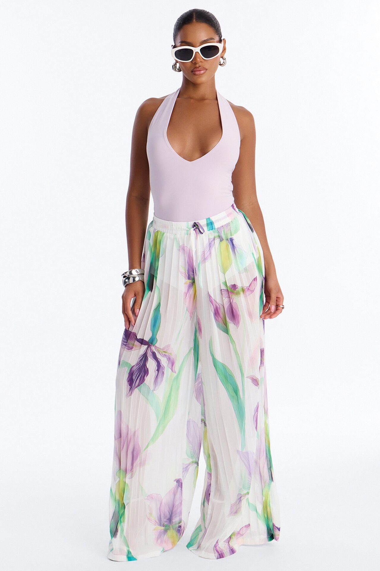 Daniella Pleated Chiffon Wide Leg Pant - Ivory/combo