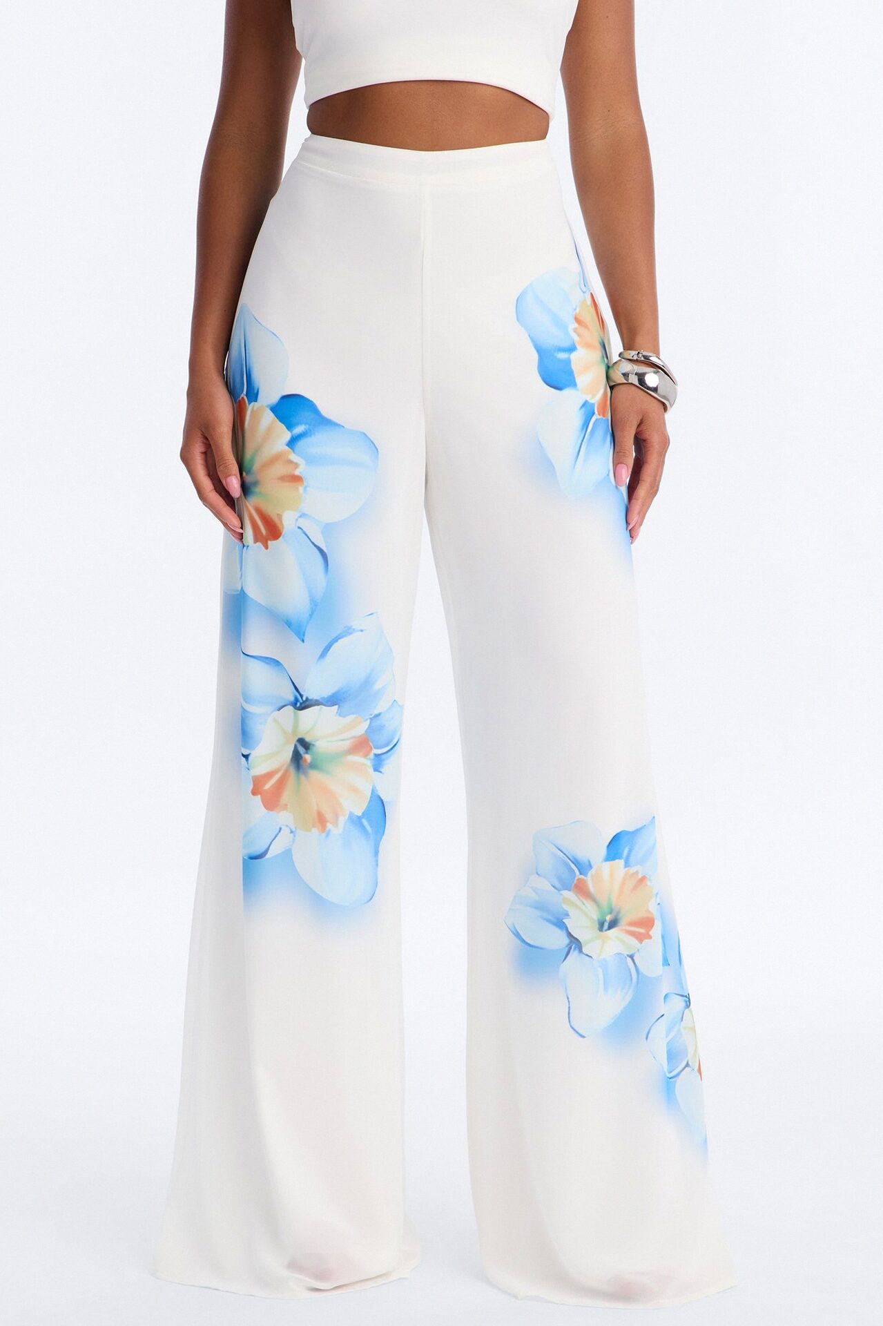 Kelly High Rise Floral Print Wide Leg Pant - White/combo