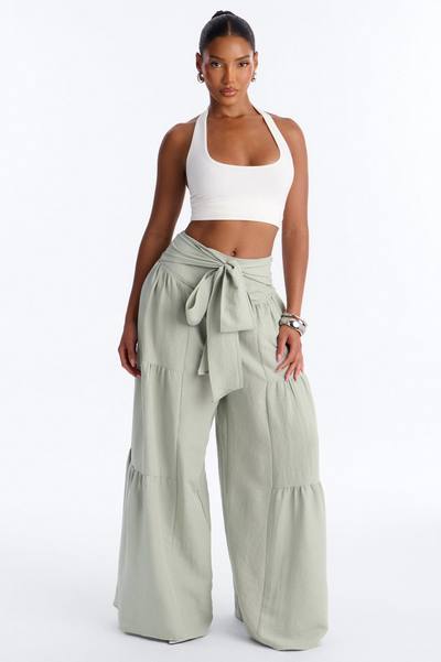 Tatiana Tiered Wide Leg Tie Waist Pant - Sage