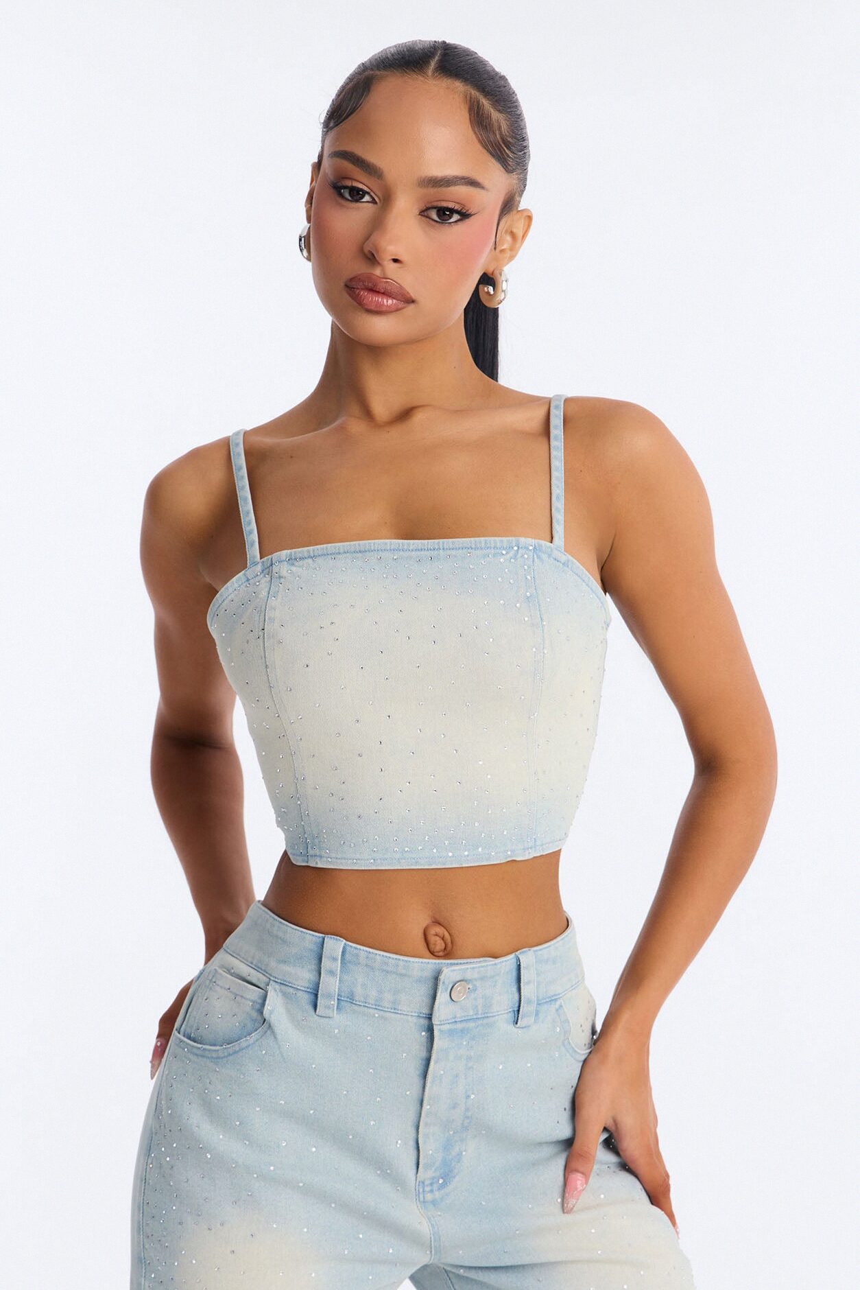Breanna Rhinestone Denim Short Set - Light Blue Wash