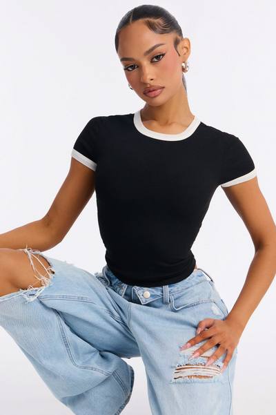 Evelyn Contrast Binding Baby Tee - Black