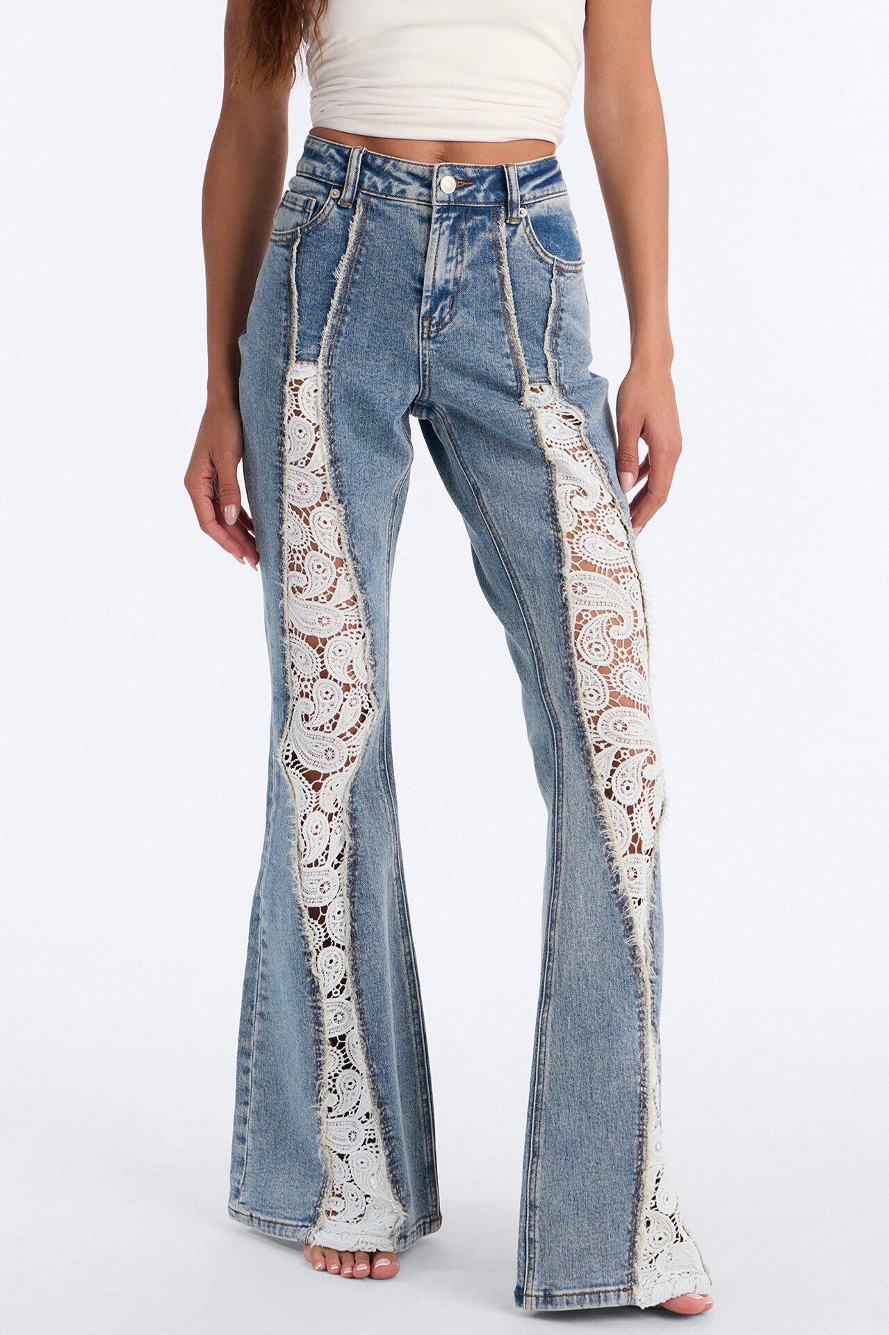 A Wild One Crotchet Inset Stretch Flare Leg Jeans - Vintage Wash