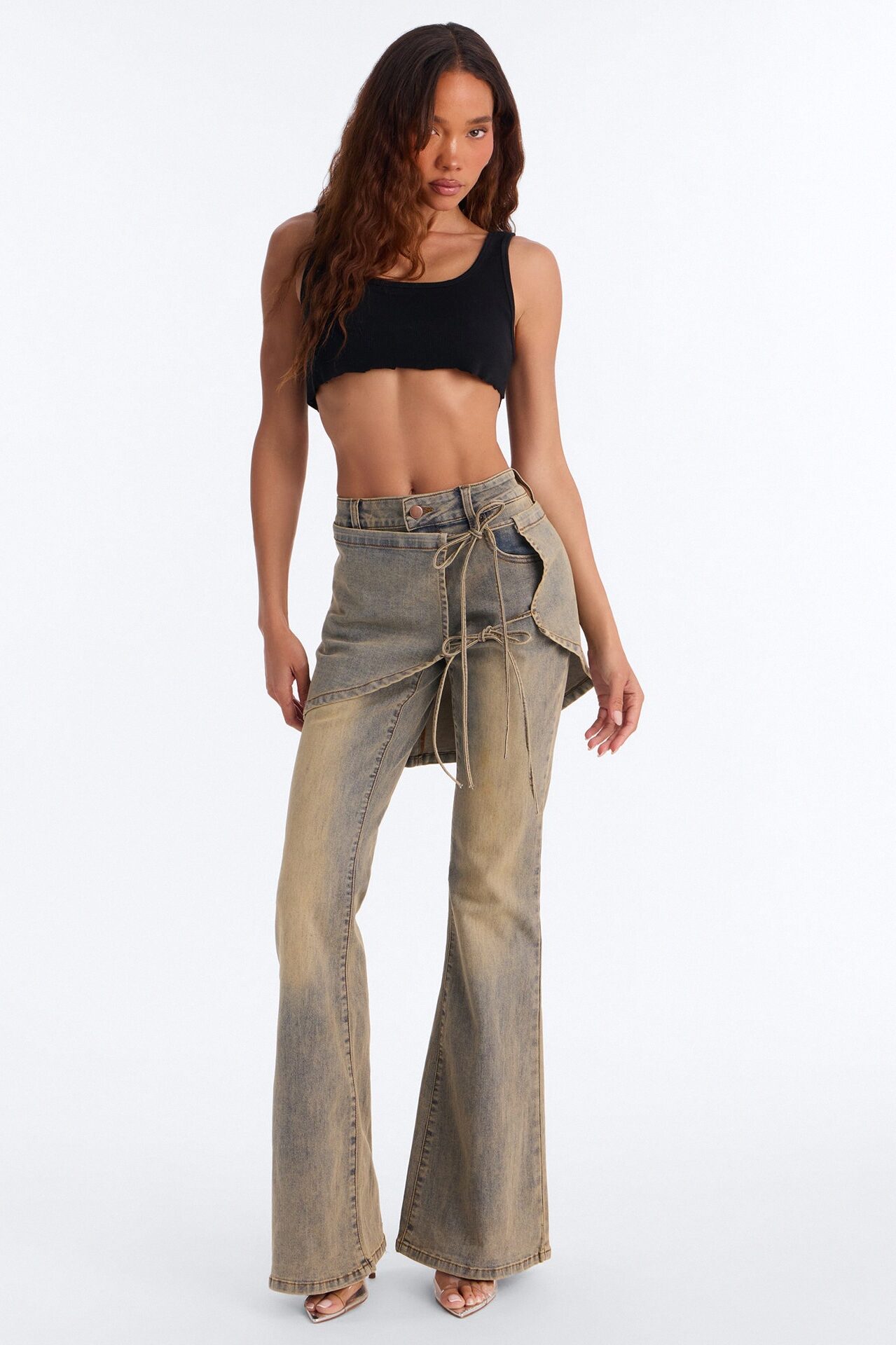 A Disconnect Low Rise Wrap Flare Jeans - Vintage Wash