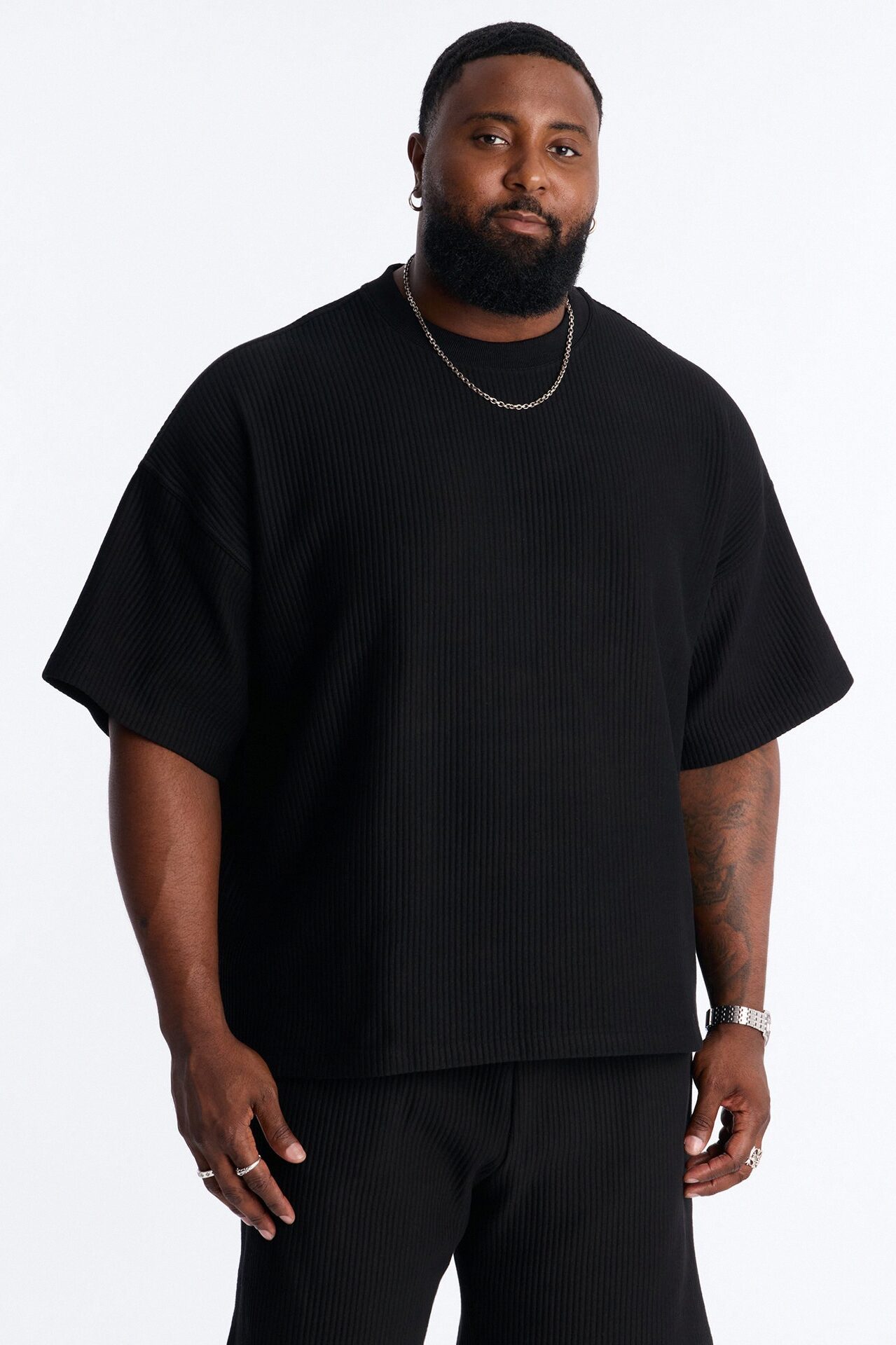 Textured Oversized Short Sleeve Fleece Tee - Black