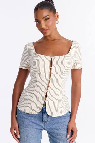 Arlette Poplin Button Up Short Sleeve Top - Cream/combo