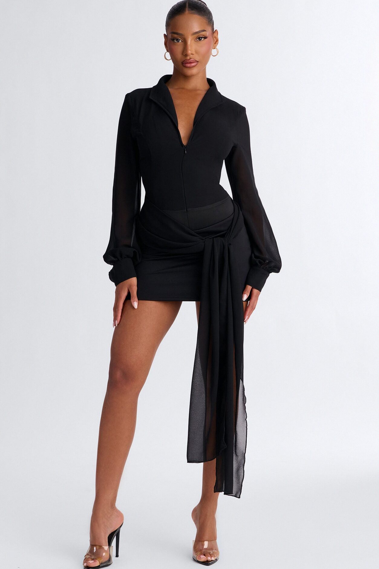She Defines Chic Lace Up Chiffon Bodysuit - Black