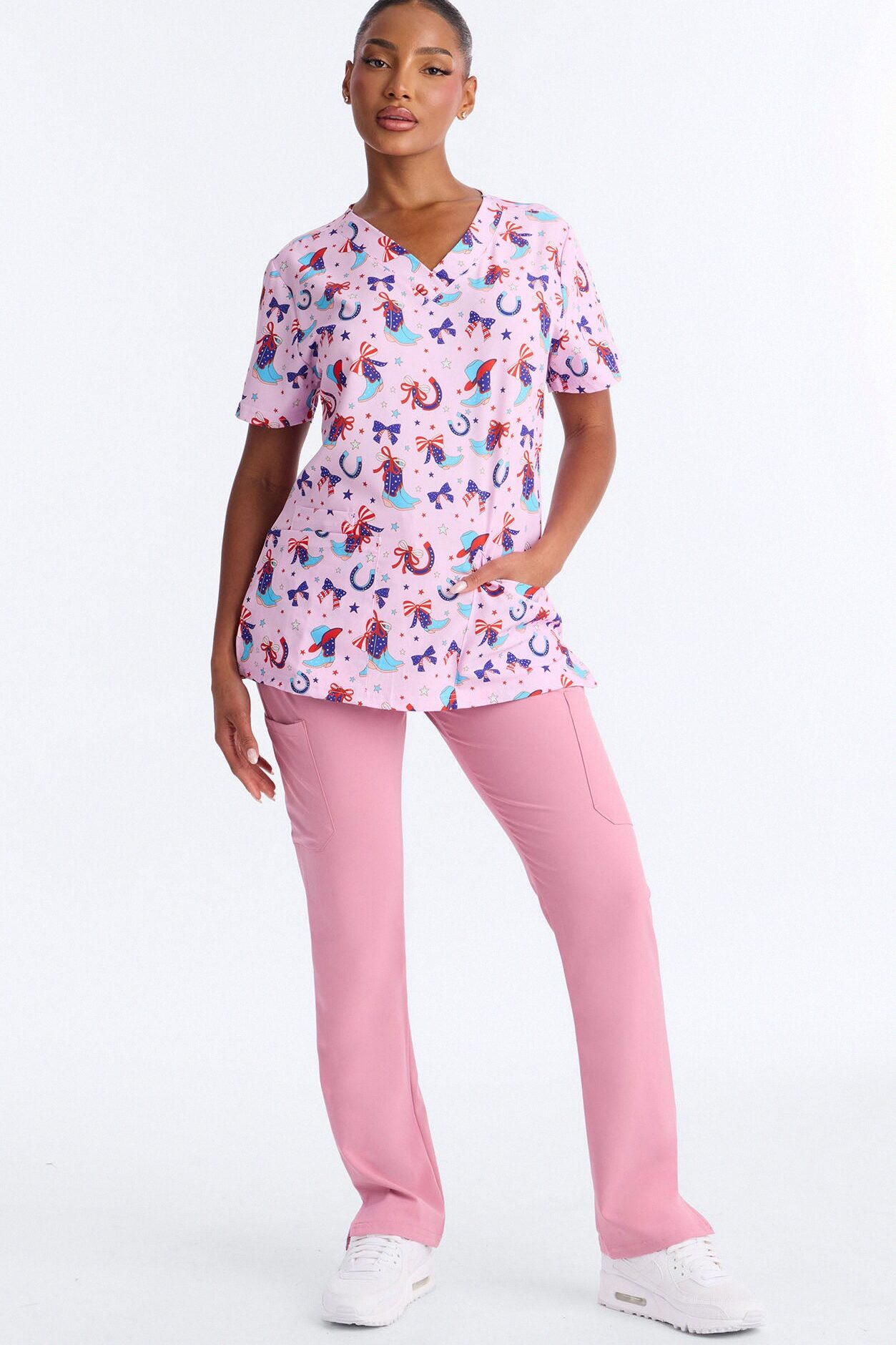 Red White & Boots Scrub Top - Pink/combo