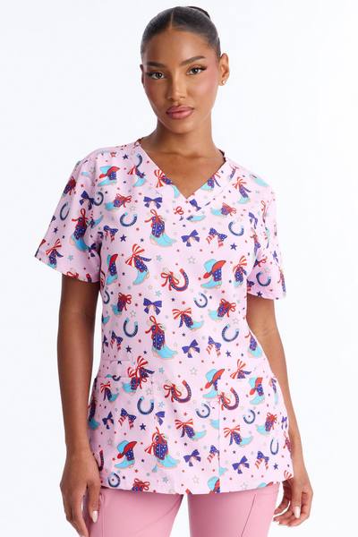 Red White & Boots Scrub Top - Pink/combo