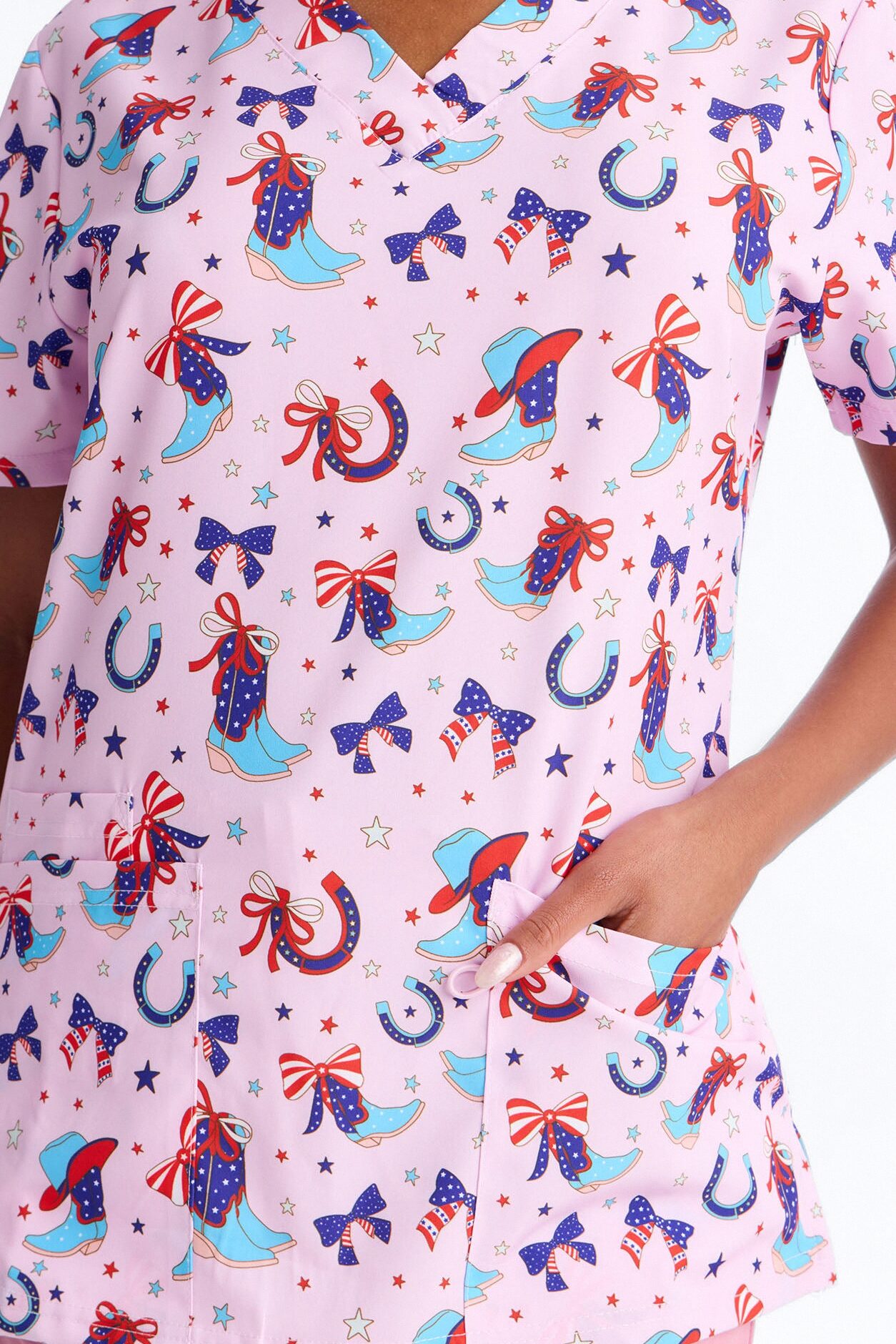 Red White & Boots Scrub Top - Pink/combo
