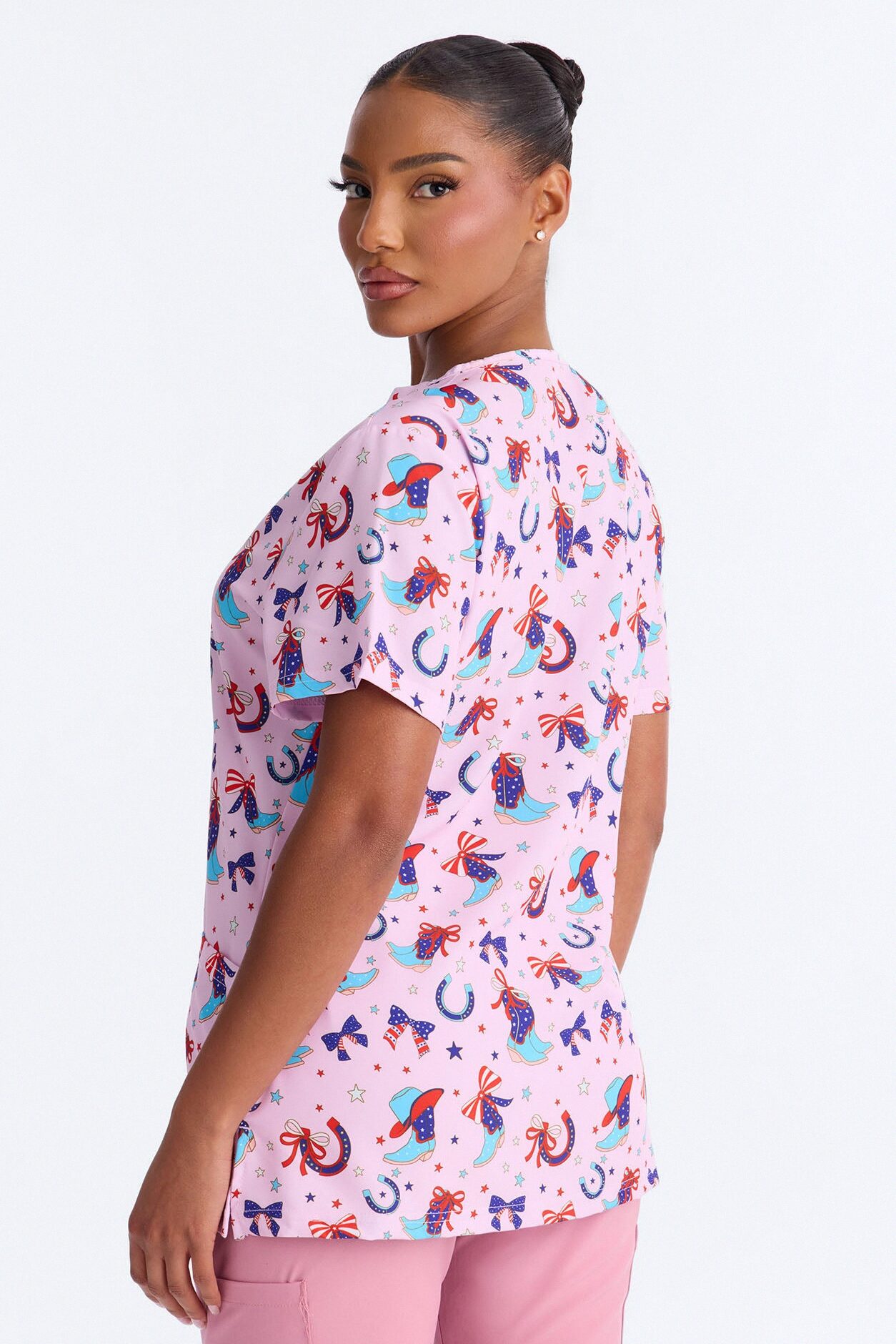 Red White & Boots Scrub Top - Pink/combo