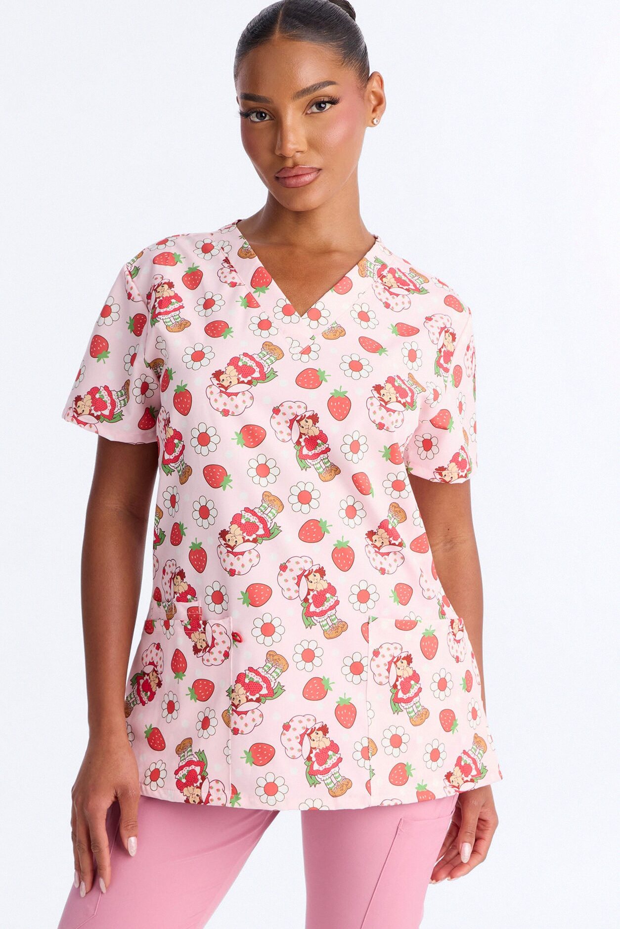 Shortcake Sweetie Floral V-Neck Scrub Top - Pink/combo