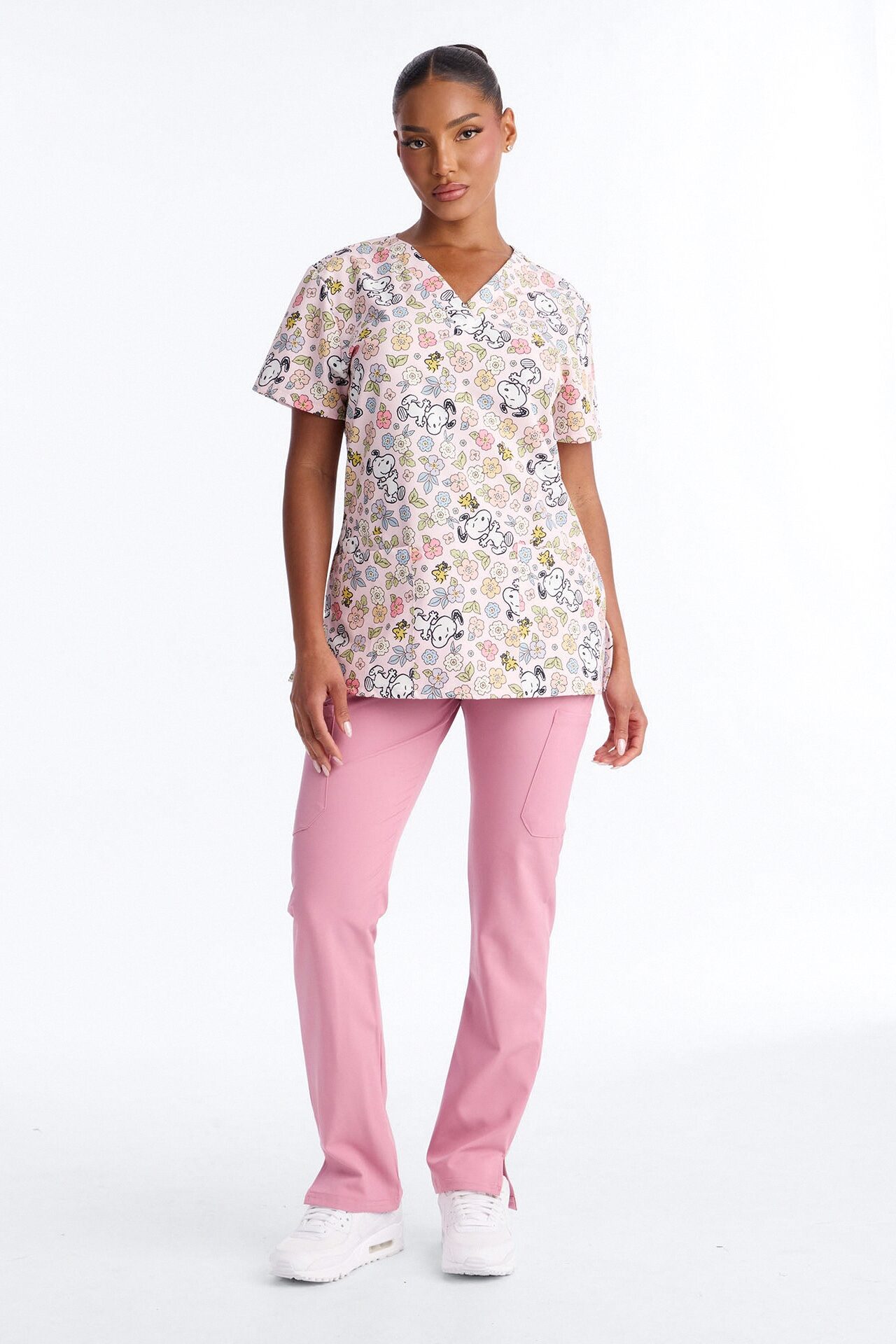 Snoopy & Peanut's Garden Floral V-Neck Scrub Top - Pink/combo