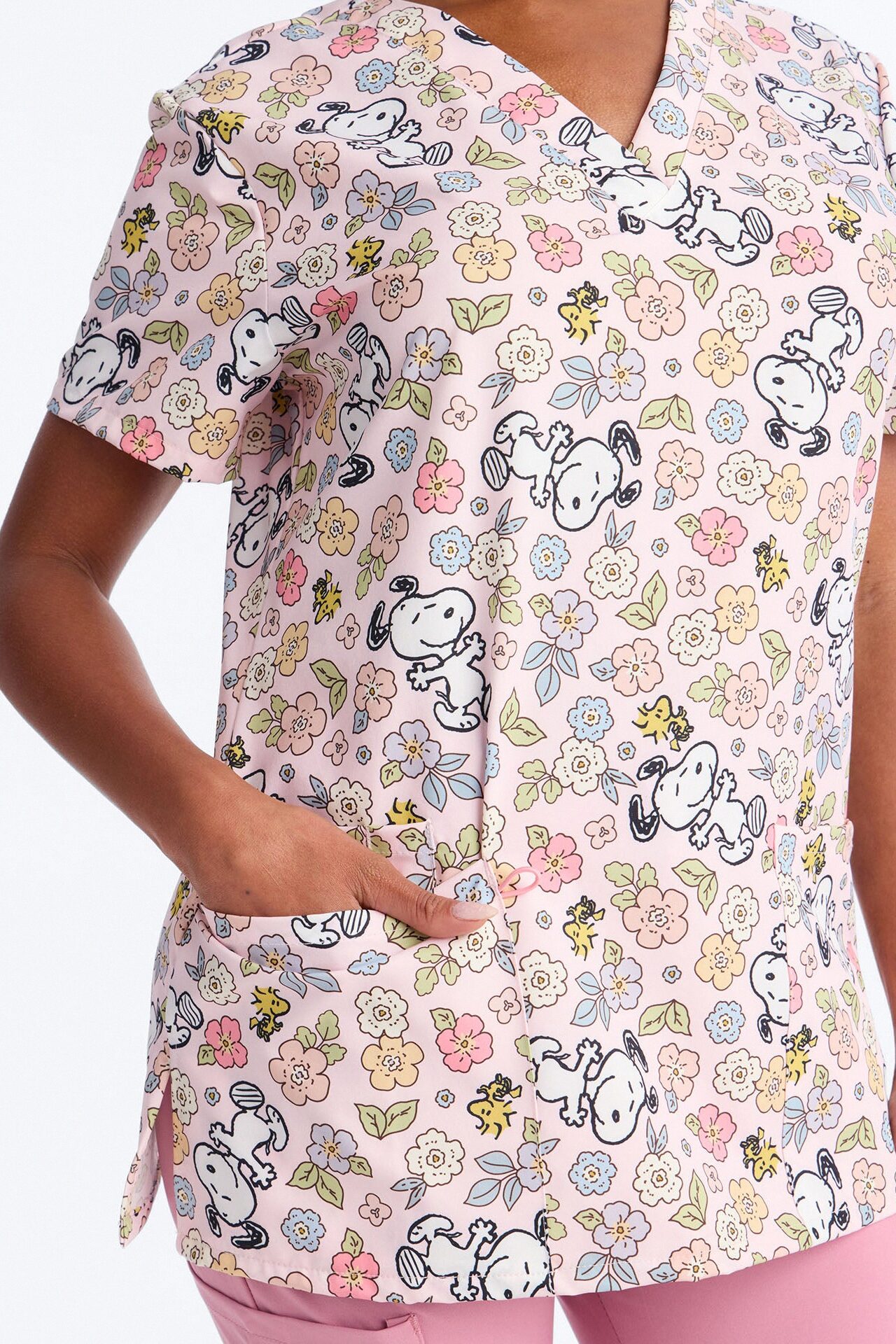 Snoopy & Peanut's Garden Floral V-Neck Scrub Top - Pink/combo