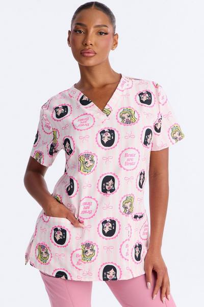 Bratz Are Bratz Striped V-Neck Scrub Top - Pink/combo