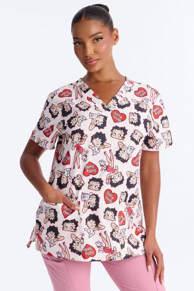 Betty Boop Polka Dot V Neck Scrub Top - Pink/combo