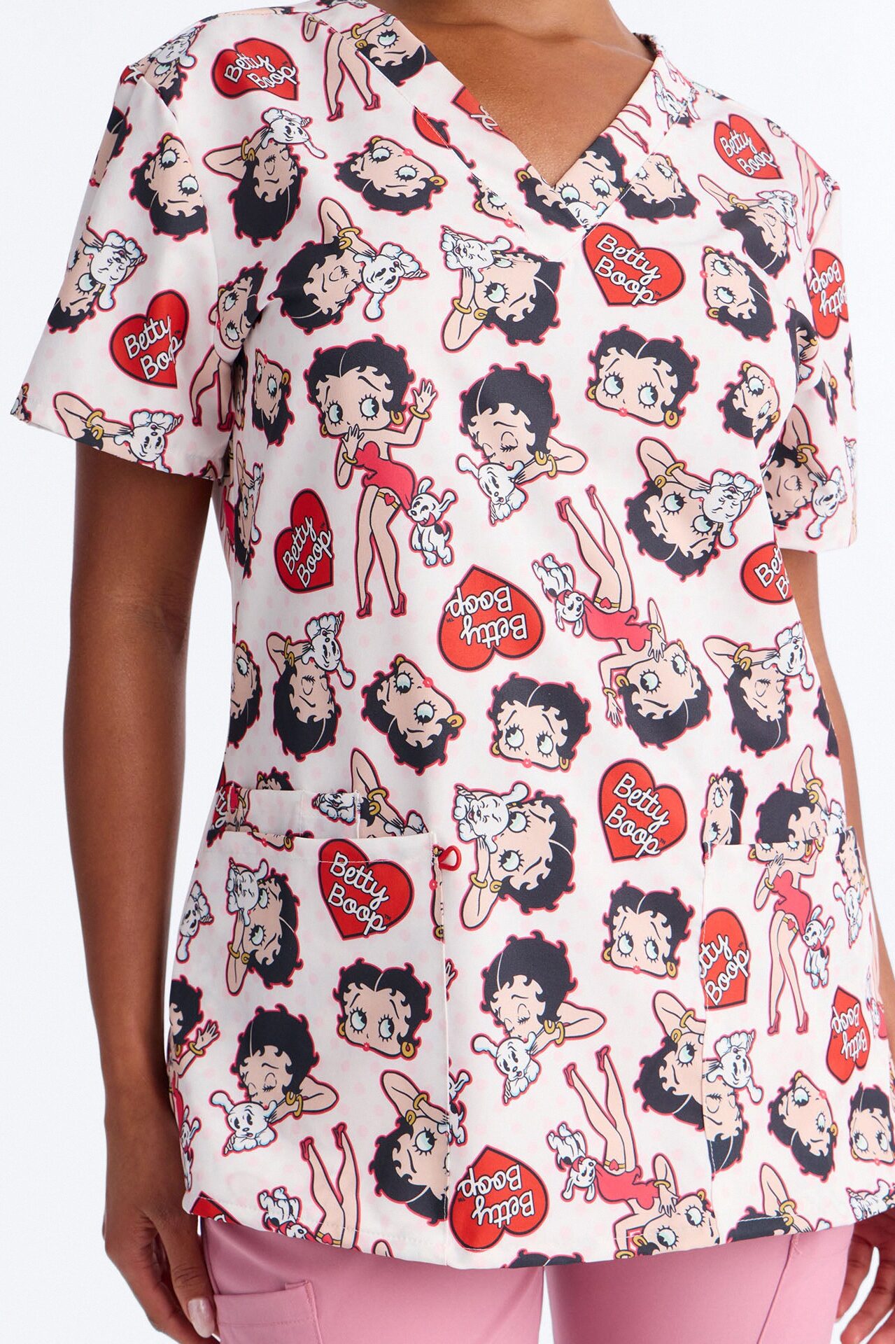 Betty Boop Polka Dot V Neck Scrub Top - Pink/combo