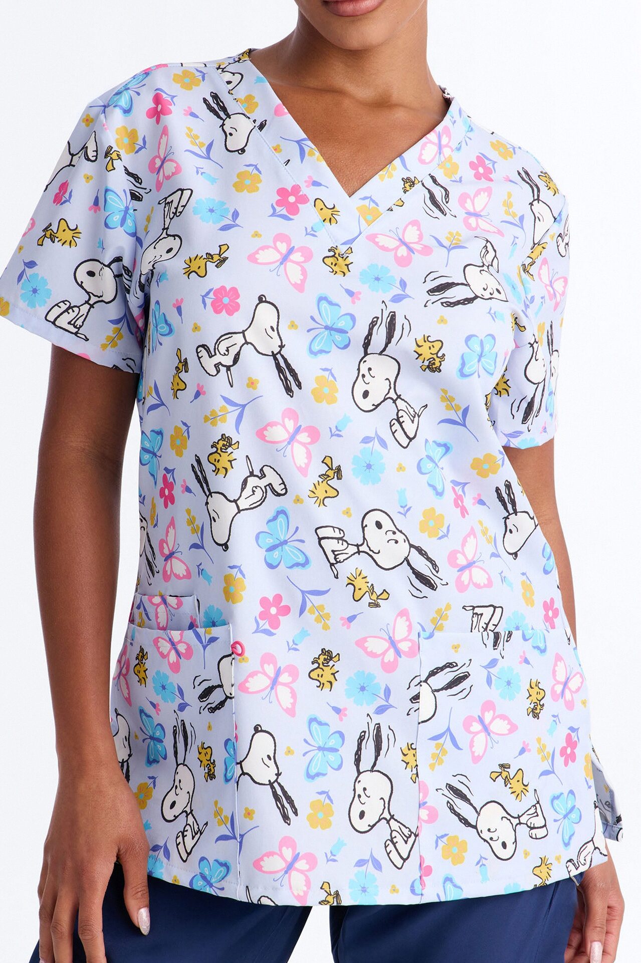 Day In The Garden Floral Butterfly V-Neck Scrub Top - Purple/combo
