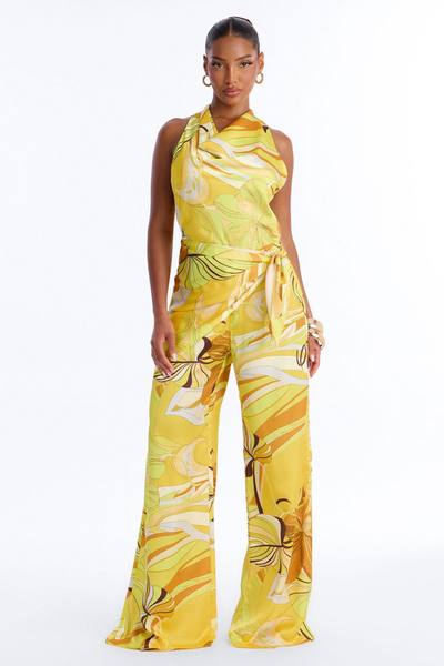 Celia 2 Piece Satin Waist Scarf Jumpsuit - Yellow