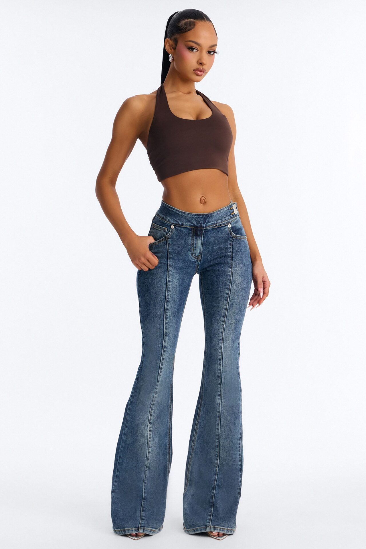 Another Fun Night Dipped Low Rise Flare Jeans - Vintage Wash