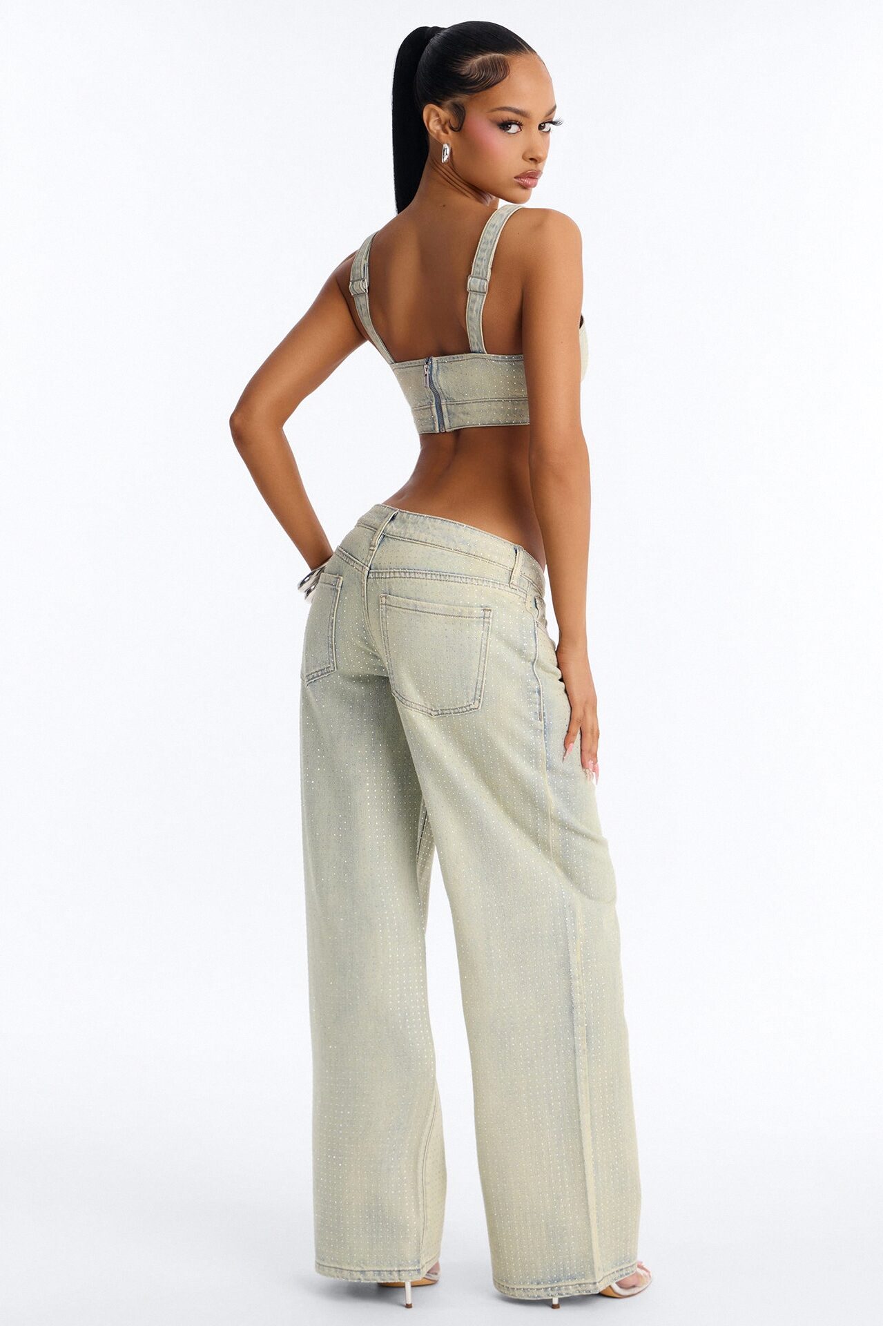 It Girl Rhinestone Denim Pant Set - Light Wash