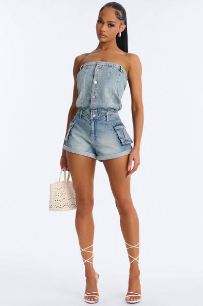 Dina Denim Cargo Strapless Romper - Medium Wash