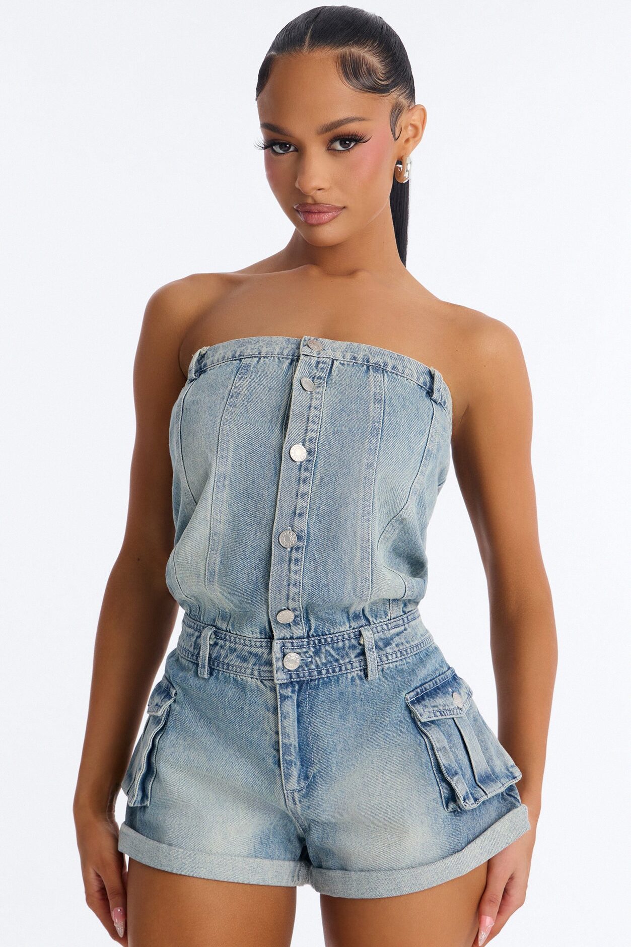 Dina Denim Cargo Strapless Romper - Medium Wash