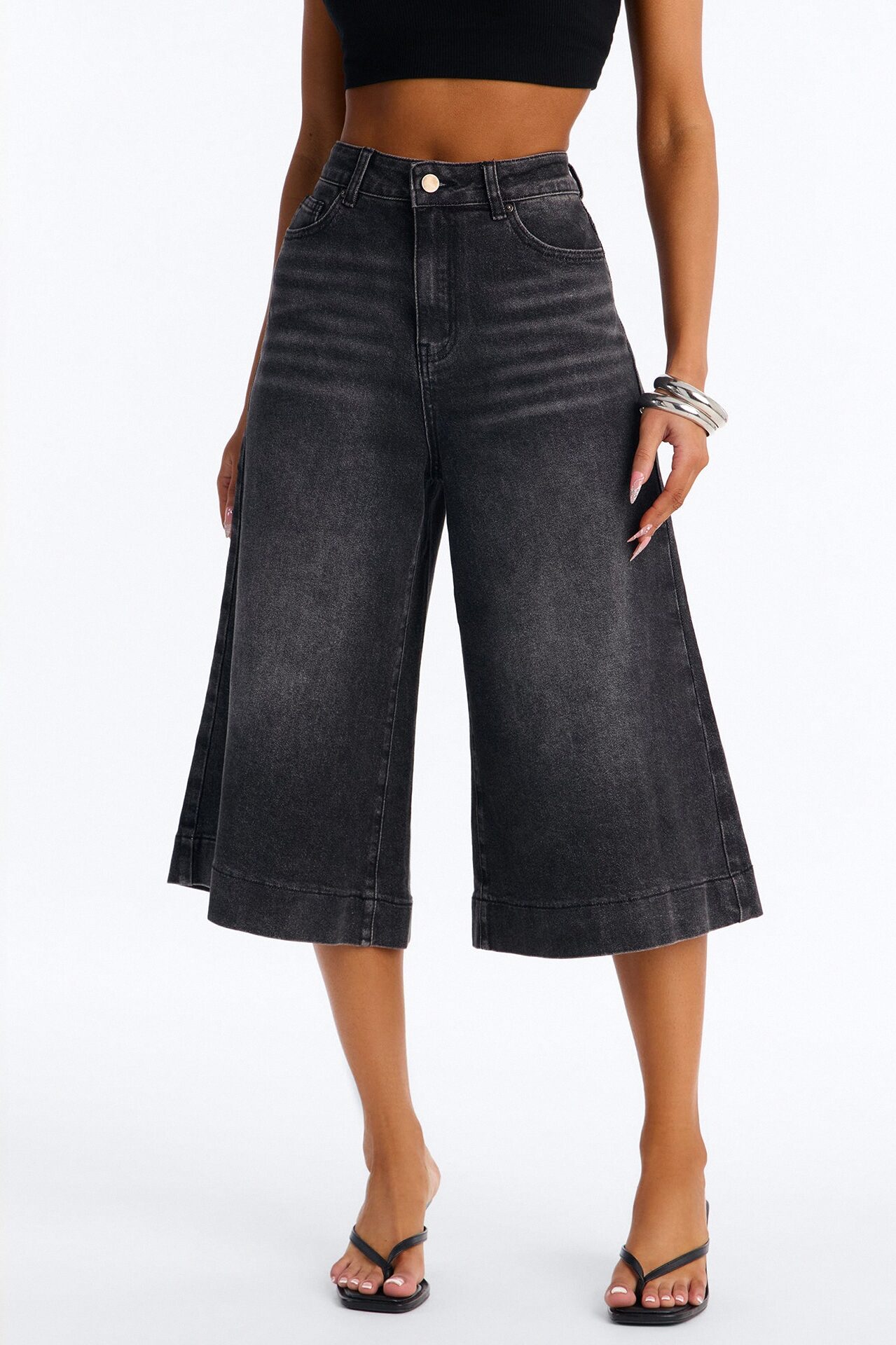 Greenwich Culottes Wide Leg Jeans - Black Wash