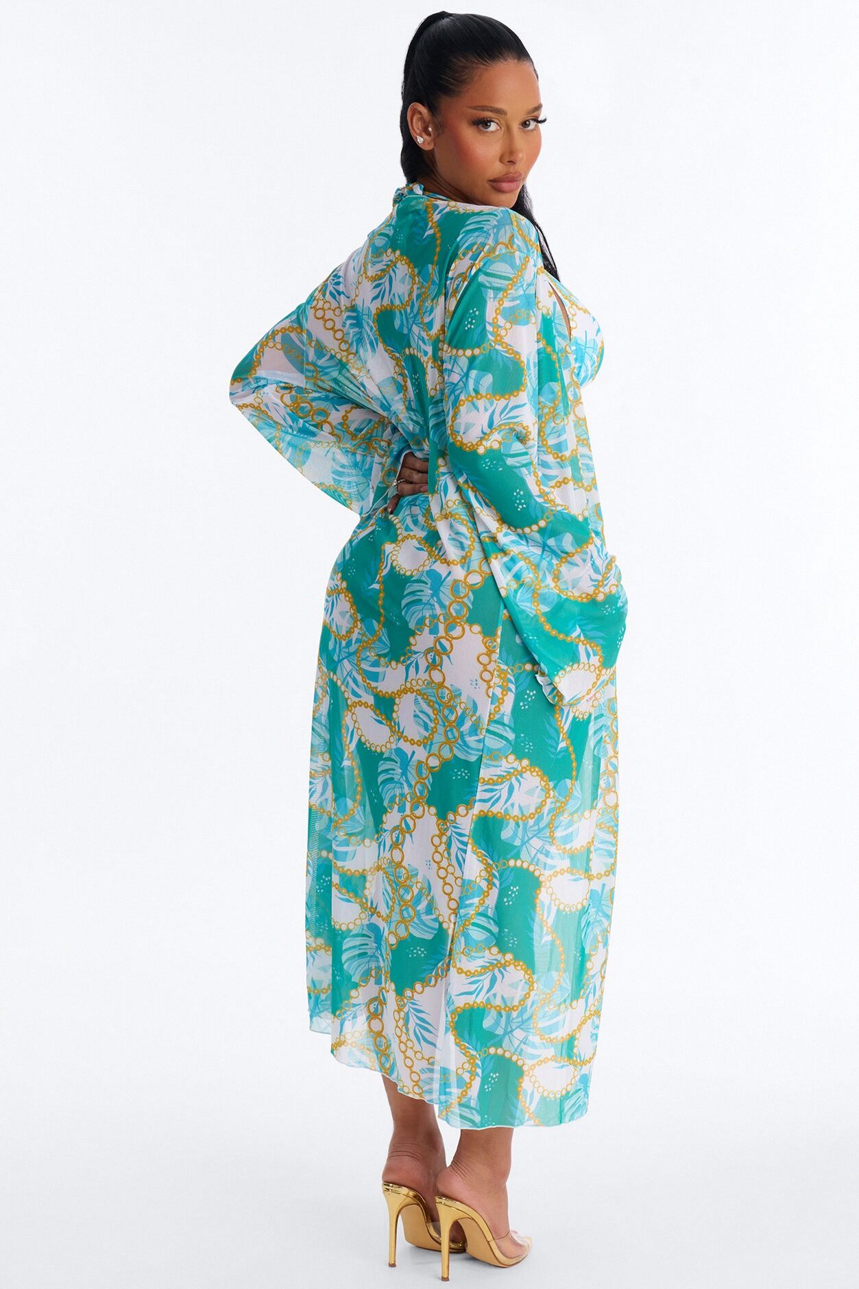 Get On My Wave 3 Piece Tropical Bikini & Cover Up Maxi Kimono Sunsuit - Mint