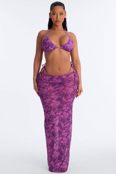 Mirella 3 Piece Floral Triangle Bikini & Cover Up Skirt Sunsuit - Purple
