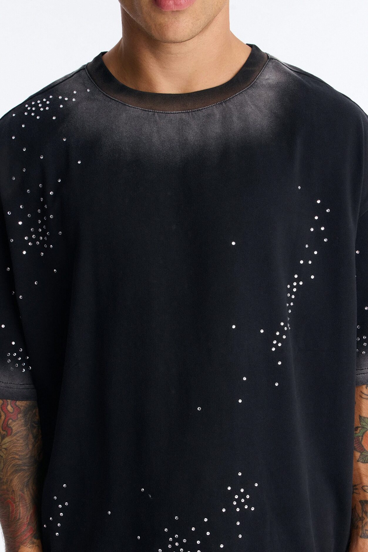 Stardust Dissolved Wash Rhinestone Tee - Black Wash