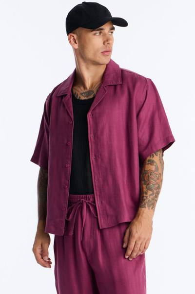 Cropped Wastelander Cuban Collar Button Up Shirt - Purple