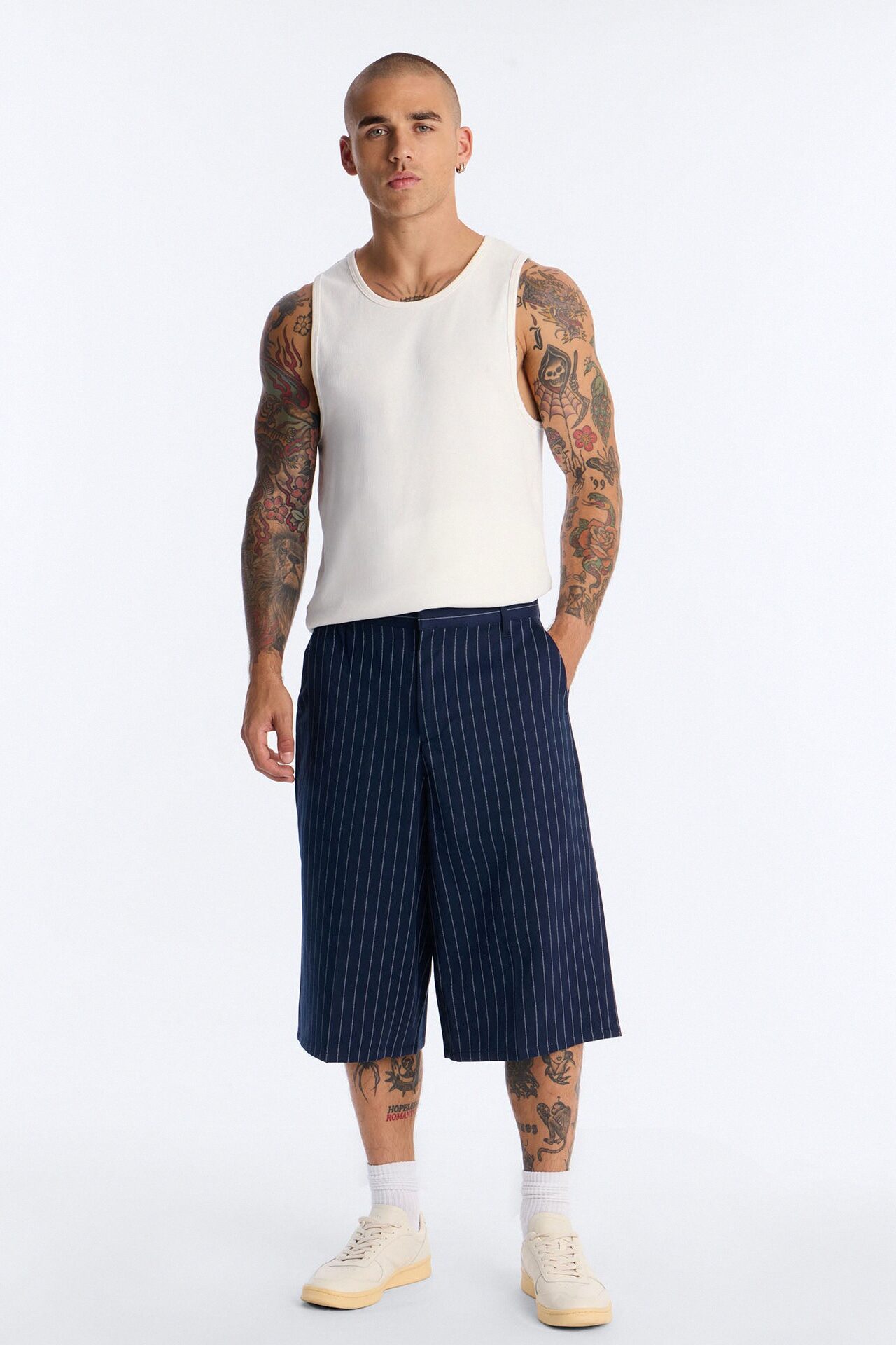 Baggy Striped Trouser Short - Navy