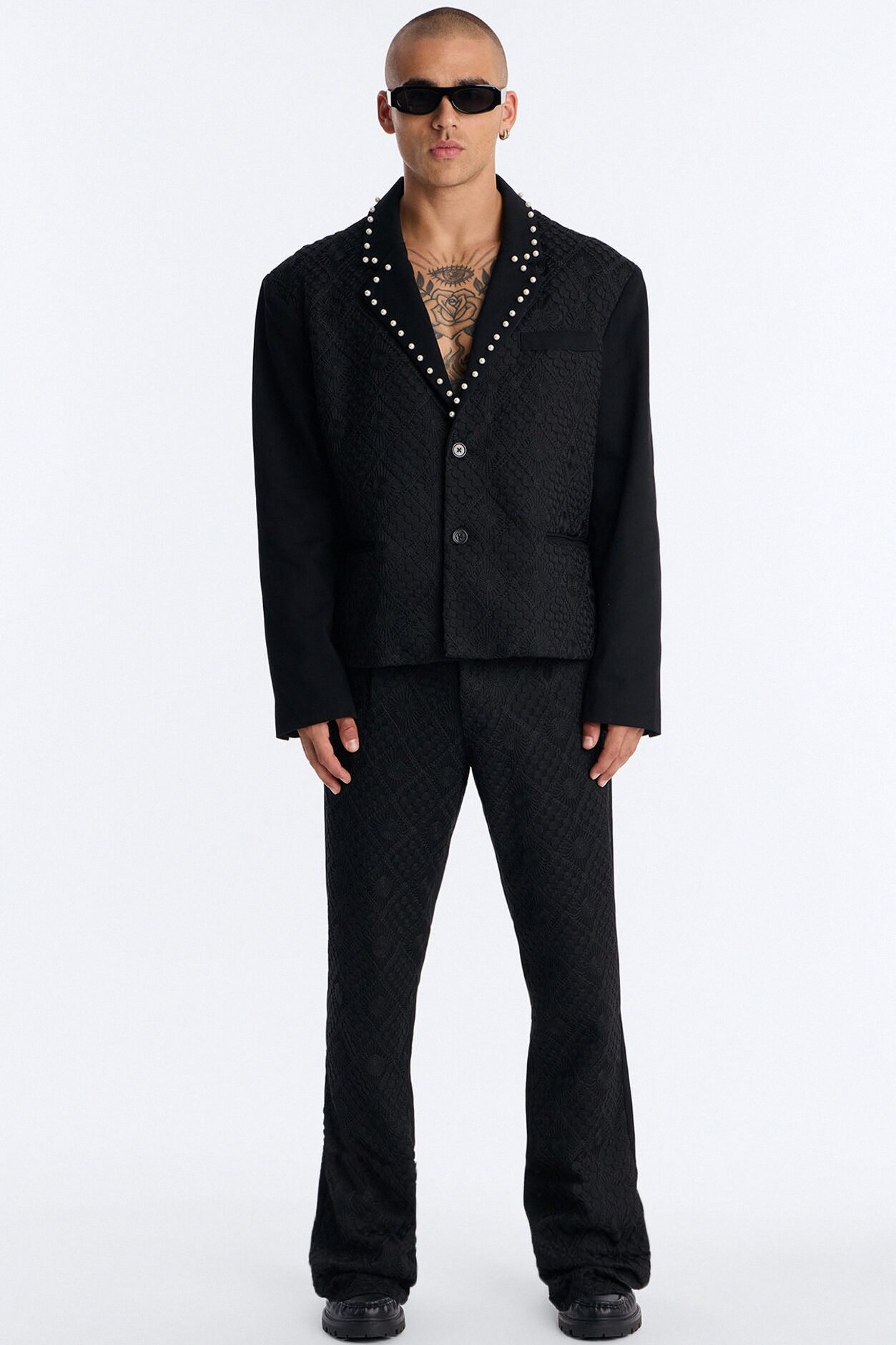 Lattice Boxy Cropped Pearl Single Breasted Blazer - Black