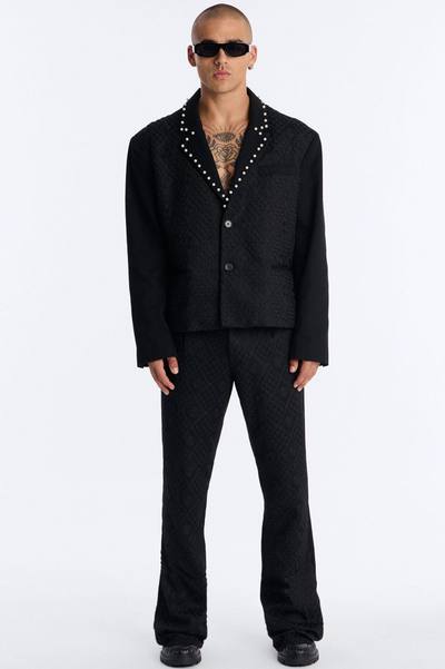Lattice Boxy Cropped Pearl Single Breasted Blazer - Black