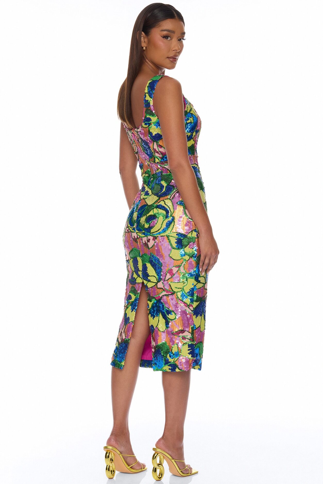 Liliana Square Neck Sequin Midi Dress - Pink/combo